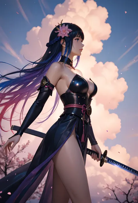 a woman samurai under the cherry tree at sunset, beautiful woman samurai, she holds an epic katana blade, the blade reflects light, ultra feminine, long hair, braided hair, dynamic hair color, an epic cherry tree, many branches, colorful, the sun rays come...