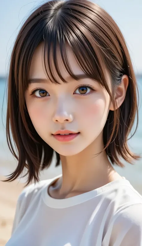 masterpiece , high quality, super detail, super high image quality, 8k，16k，32K, 最high quality , Detailed Faces, Detailed brown eyes， well-groomed eyebrows，18 year old girl，cute face, Bangs，straight hair，bangs ，Half Smile  , Outdoors，Viewer

