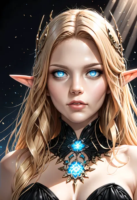 dark fantasy art, a picture of a fantasy, beautiful female elf, best detailed face, pale skin, (blond: 1.2) hair, glowing eyes, blue eyes, wearing dark red dress, silk dress, intricate dress, reflection light, it is night time, the moon is in the sky, a s...