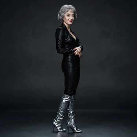 head to toe picture shot of villainess marsha queen of diamonds (batman villain); wholesome, looks like the girl next door, very fit, muscular, trim, wearing a black leather suit jacket (tight fitting), silver leather pants, with silver leather knee high b...