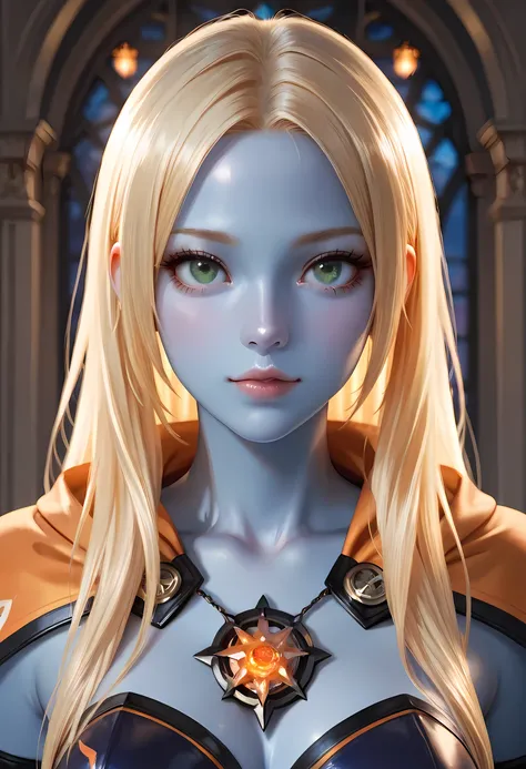 portrait a female ((blue skin: 1.5)), intense details facial details, exquisite beauty, cleric, ((cobalt blue skin: 1.5)) female, ((yellow hair: 1.5)), long hair, (((no ears: 1.5))), (green eyes: 1.3), armed with a fiery sword red fire, wearing (twilight p...