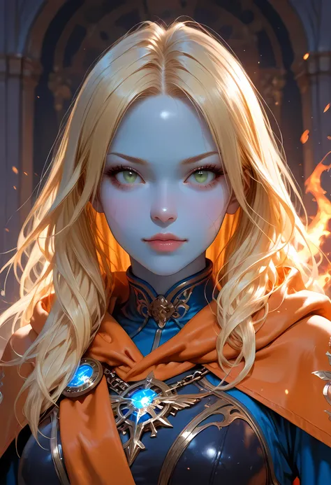 portrait a female ((blue skin: 1.5)), intense details facial details, exquisite beauty, cleric, ((cobalt blue skin: 1.5)) female, ((yellow hair: 1.5)), long hair, (((no ears: 1.5))), (green eyes: 1.3), armed with a fiery sword red fire, wearing (twilight p...