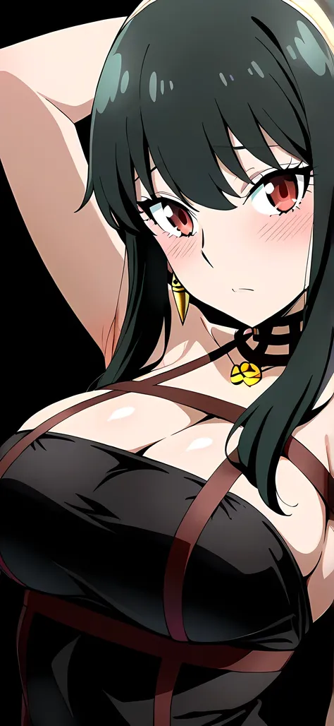 A high resolution picture, masterpiece, amazing quality, best quality, absurdres, very aesthetic, anime coloring, spy x family, official art, yor, 1girl, (yor briar with red eyes, side locks, big breasts), (showing armpits)) (((black background)))(((Glossy...