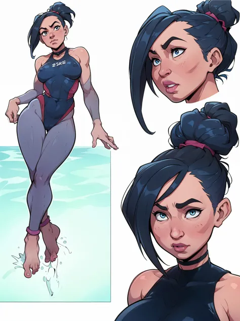 mari, wide hips, black hair, 1girl, cms, (ponytail), k4r3nh41r, exaggerated inflated legs, 4k, highly details, (((tiny breasts))), ((wearing a one piece bathing suit, barefoot)), sensual, 4k, highly detailed face, perfect skin, detailed face, focus on eyes...