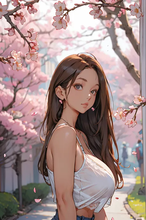 girl, from side, long hair, brown hair, (gigantic breast:1.4), cropped top, white lace camisole, sharp focus, cherry-blossoms, blurry background, bokeh,