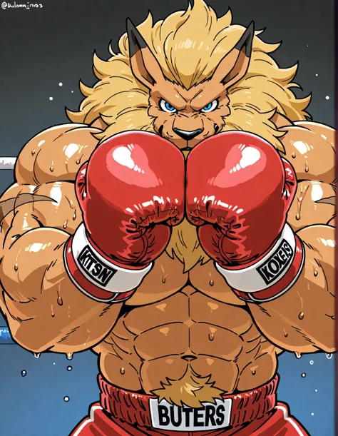leomon, anthro, blue eyes, furry, solo, lion, male, mane, high quality, simple background, cel shaded, big body, thick arms, muscular, half body, glistening body, looking at viewer, boxing gloves, boxing trunks, stern face, bulging arms, pov_boxing, boxing...