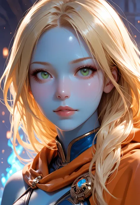 portrait a female ((blue skin: 1.5)), intense details facial details, exquisite beauty, cleric, ((cobalt blue skin: 1.5)) female, ((yellow hair: 1.5)), long hair, (((no ears: 1.5))), (green eyes: 1.3), armed with a fiery sword red fire, wearing (twilight p...
