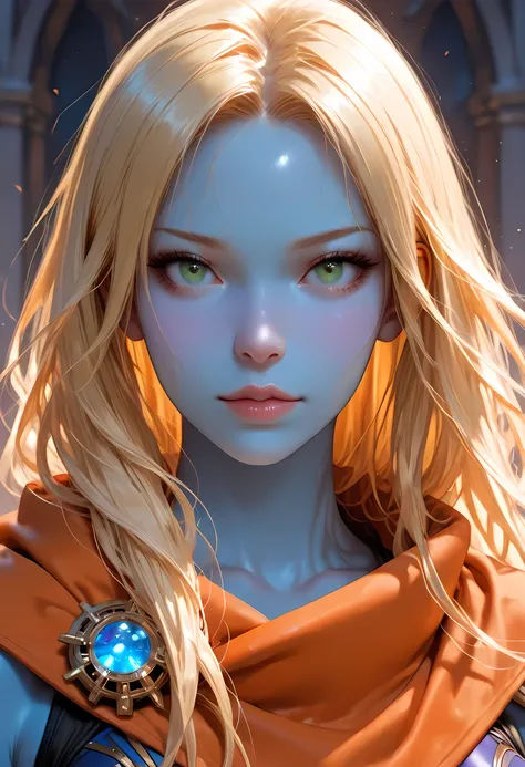 portrait a female ((blue skin: 1.5)), intense details facial details, exquisite beauty, cleric, ((cobalt blue skin: 1.5)) female, ((yellow hair: 1.5)), long hair, (((no ears: 1.5))), (green eyes: 1.3), armed with a fiery sword red fire, wearing (twilight p...