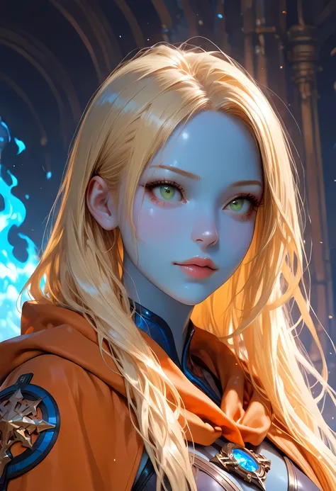 portrait a female ((blue skin: 1.5)), intense details facial details, exquisite beauty, cleric, ((cobalt blue skin: 1.5)) female, ((yellow hair: 1.5)), long hair, (((no ears: 1.5))), (green eyes: 1.3), armed with a fiery sword red fire, wearing (twilight p...