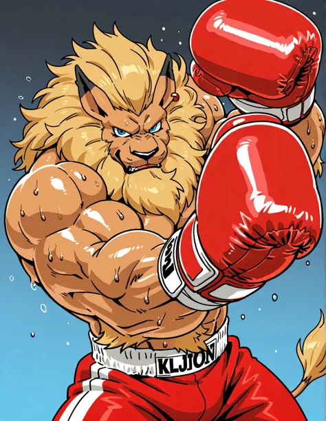 leomon, anthro, blue eyes, furry, solo, lion, male, mane, high quality, simple background, cel shaded, big body, thick arms, muscular, half body, glistening body, looking at viewer, boxing gloves, boxing trunks, stern face, bulging arms, pov_boxing, boxing...