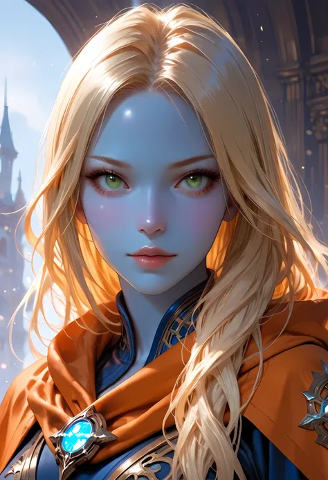 portrait a female ((blue skin: 1.5)), intense details facial details, exquisite beauty, cleric, ((dark blue skin: 1.5)) female, ((yellow hair: 1.5)), long hair, (((no ears: 1.5))), (green eyes: 1.3), armed with a fiery sword red fire, wearing (twilight pri...