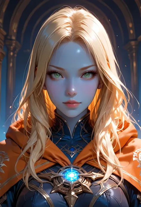 portrait a female ((blue skin: 1.5)), intense details facial details, exquisite beauty, cleric, ((dark blue skin: 1.5)) female, ((yellow hair: 1.5)), long hair, (((no ears: 1.5))), (green eyes: 1.3), armed with a fiery sword red fire, wearing (twilight pri...