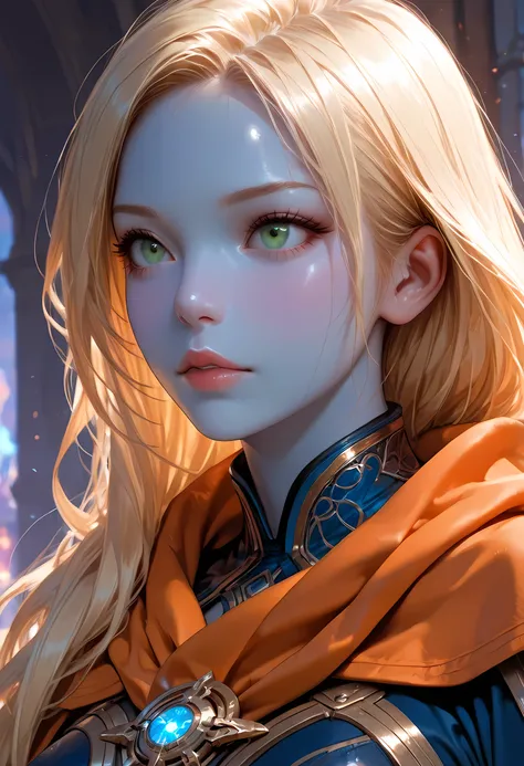 portrait a female ((blue skin: 1.5)), intense details facial details, exquisite beauty, cleric, ((dark blue skin: 1.5)) female, ((yellow hair: 1.5)), long hair, (((no ears: 1.5))), (green eyes: 1.3), armed with a fiery sword red fire, wearing (twilight pri...