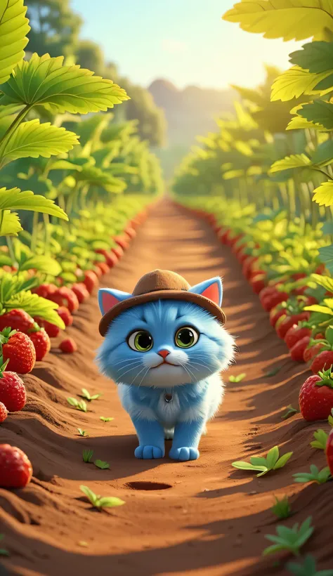 A vibrant 3D-rendered scene in the style of "CARTOON AKG". A lush strawberry field stretches across the landscape, filled with bright green leaves and ripe red strawberries. The ground is packed dirt, textured with small footprints and natural imperfection...