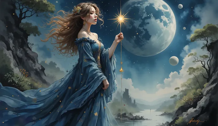 elegante, flowing curly hair, celestial-themed gown with stars and gradient of blues e ouro, fabric ornamented with intricate patterns, , golden brooch accessories, holding a golden string, pose standing with the body slightly turned, serene and majestic e...