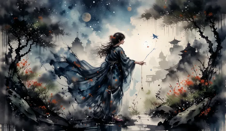 elegante, flowing curly hair, celestial-themed gown with stars and gradient of blues e ouro, fabric ornamented with intricate patterns, , golden brooch accessories, holding a golden string, pose standing with the body slightly turned, serene and majestic e...