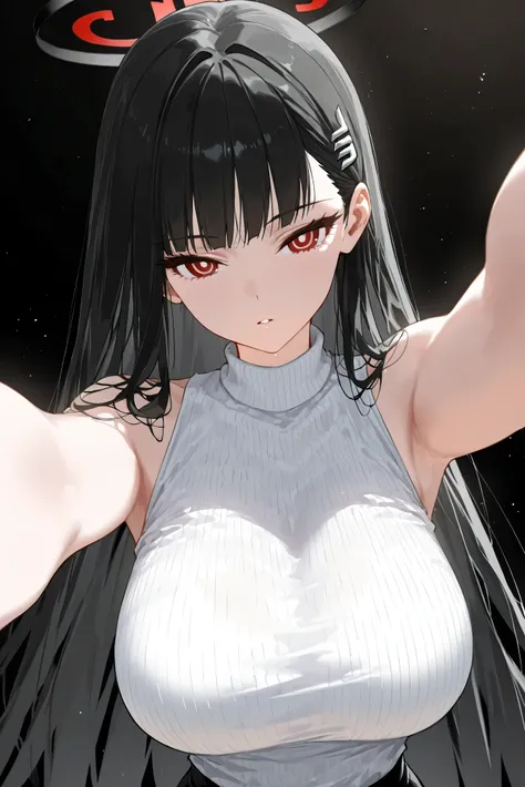 score_9, score_8_up, score_7_up, masterpiece, best quality, very aesthetic, absurdres, tunning image, light particles, attractive image, solo, 1girl, rio, black hair, red eyes, hair ornament, hairclip, halo, long hair, masterpiece,best quality,amazing qual...