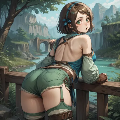 score_9 , score_8_acima , score_7_acima , fonte_anime ,  review_seguro, A girl in a backless dress standing by the river, tilted forward, seen from behind, looking back at the viewer, surpreso, short pants, nina_Deforges, fingerless gloves, Green socks, so...