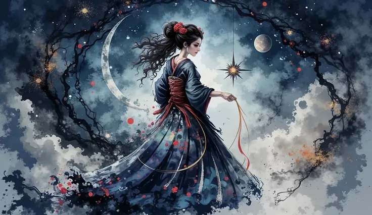 elegante, flowing curly hair, celestial-themed gown with stars and gradient of blues e ouro, fabric ornamented with intricate patterns, , golden brooch accessories, holding a golden string, pose standing with the body slightly turned, serene and majestic e...