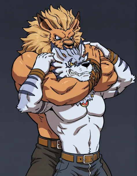 leomon chokes weregarurumon, weregarurumon, weregmonil, wolf, light blue fur, yellow eyes, dark blue stripes, leomon, anthro, blue eyes, furry, 2boys, duo, two characters, lion, male, mane, high quality, simple background, cel shaded, thick arms, muscular,...