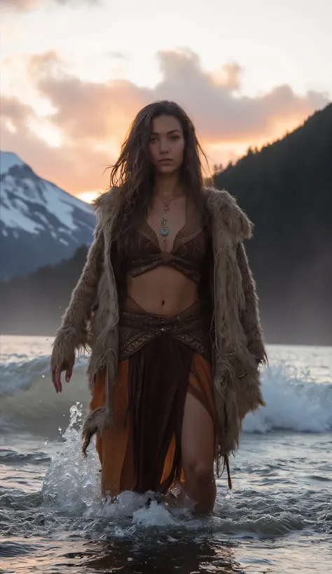 HYPERREALISTIC PHOTOGRAPHY, SPONTANEOUS PORTRAIT, FRONT VIEW, OF A NORDIC WARRIOR WOMAN, MATURE PREHISTORIC, WILD INDOMITABLE, WALKING ALONG THE BANKS OF A STORMY RIVER, BESIDE HER WALKS A MOUNTAIN PUMA, IN THE BACKGROUND THE SNOWY MOUNTAIN PEAKS AT SUNSET...