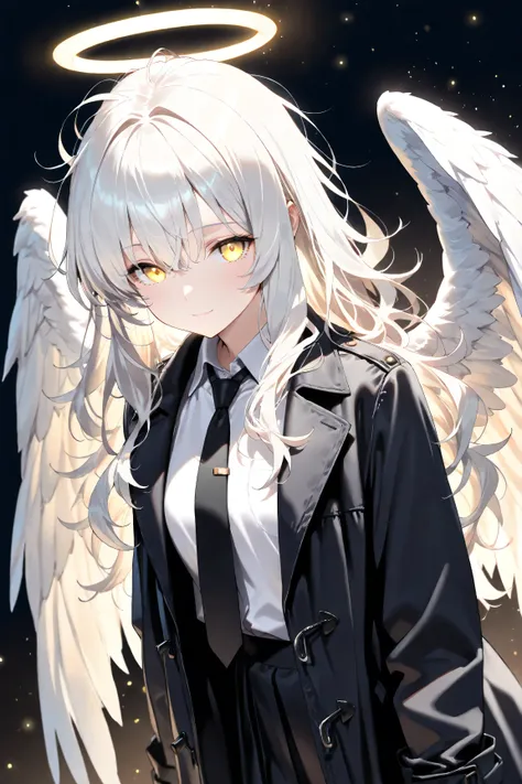 (masterpiece, best quality:1.3), (Extremely detailed:1.3), 1 Girl, Solitary, (White hair, Messy hair, Long hair), (Angel Wings, Angel Halo), Yellow eyes, (White shirt, Black tie, Black coat, Open coat), Cowboy shooting, light, (((Glowing light particles)))...
