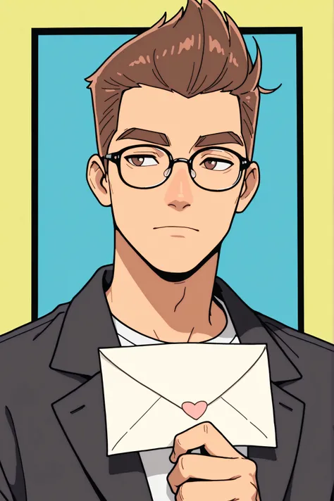 (best quality:1.1), (ultra-detailed), best illustration, (portrait:1.1), (cartoon drawing), oung man, (((boy))), alone, (medium quiff brown hair), (brown eyes with detailed prescription glasses with a black frame), (brown eyebrows), (wearing a shirt and a ...