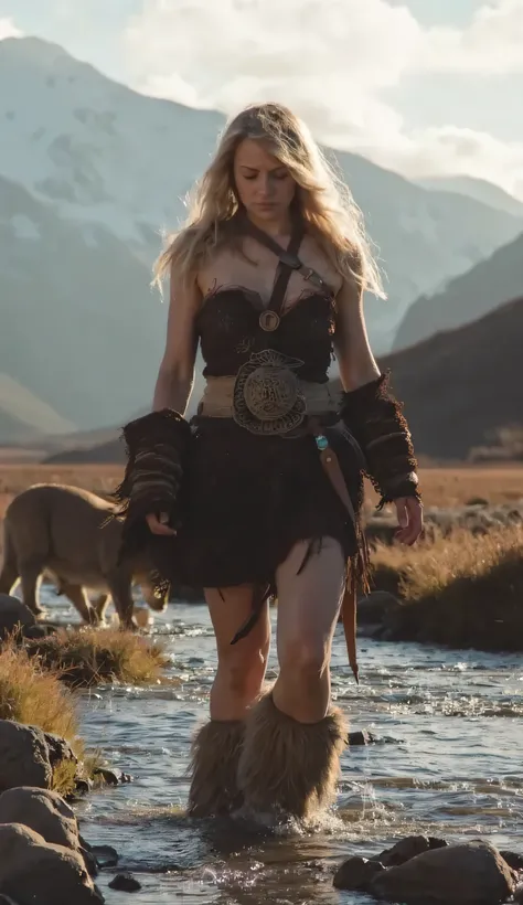 HYPERREALISTIC PHOTOGRAPHY, SPONTANEOUS PORTRAIT, FRONT VIEW, OF A NORDIC WARRIOR WOMAN, MATURE PREHISTORIC, WILD INDOMITABLE, ((STURDY MUSCULAR BODY)) SENSUAL, RUSTIC, THICK LEGS, WIDE HIPS, BEAUTIFUL WAIST, WALKING ON THE BANKS OF A STORMY RIVER, NEXT TO...