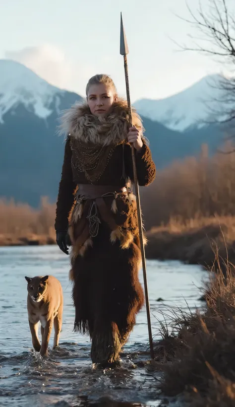 HYPERREALISTIC PHOTOGRAPHY, SPONTANEOUS PORTRAIT, FRONT VIEW, OF A NORDIC WARRIOR WOMAN, MATURE PREHISTORIC, WILD INDOMITABLE, WALKING ALONG THE BANKS OF A STORMY RIVER WITH HER SPEAR IN HER HAND, BESIDE HER WALKS A MOUNTAIN PUMA, IN THE BACKGROUND THE SNO...