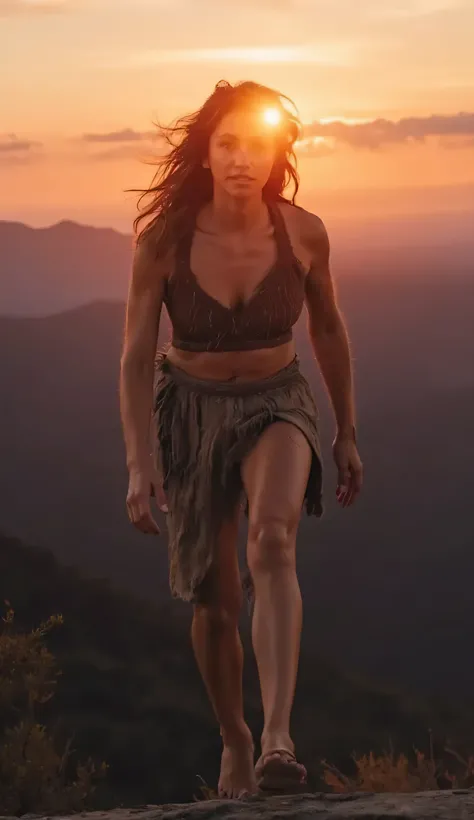 Ultra-realistic photograph of a mature prehistoric woman, an indomitable warrior, in rustic clothing, running along the top of a pointed mountain at sunset, the reddish sky produced by the last rays of the sun, large mountain peaks and forests in the backg...