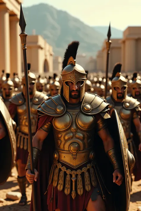 **Prompt:**     Create a hyperrealistic digital artwork depicting an ancient Greek battlefield during the Spartan era. Focus on an orderly battle formation of fiercely Spartan hoplite warriors, captured from a wide angle. Highlight their intricate details:...