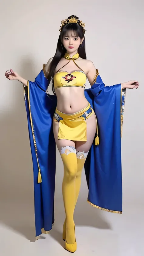 beauty，sexy，cute，Chinese costume girl（The layers of clothing are full of details，Yellow and blue color scheme，belly button，Stockings， long hair），Fleshy and plump，Slightly fat，Cultivation style，full body，sexy站立姿势，white studio background