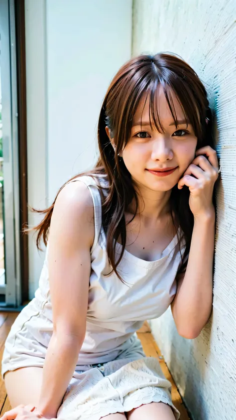 laughing、I can see my ears through my hair、leaning against the wall、 is sitting and legs open、On a white bed