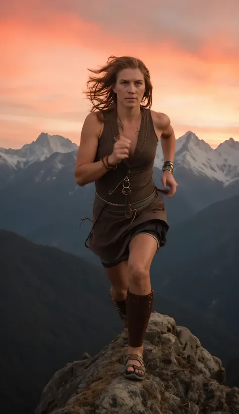 Ultra-realistic photograph of a mature prehistoric woman, an indomitable warrior, in rustic clothing, running along the top of a pointed mountain at sunset, the reddish sky produced by the last rays of the sun, large mountain peaks and forests in the backg...