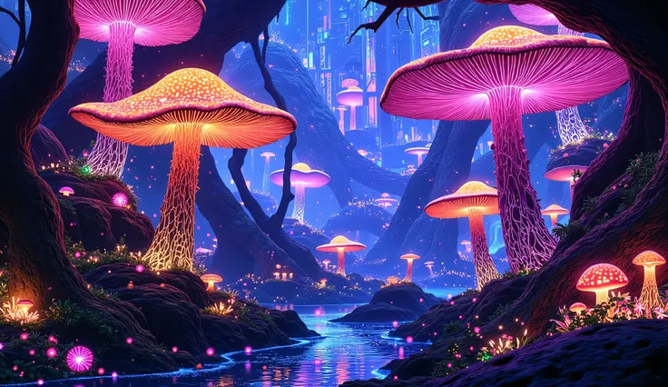 scifi, cyberpunk art, neon lights, neon colors, A vibrant forest filled with bioluminescent giant mushrooms and bioluminescent plants and creatures, waterfalls, with a futuristic city in the background.: brosmind, finely detailed features, photorealism, dr...