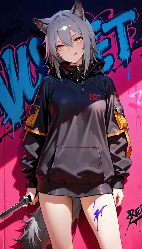 (best quality), (masterpiece), (ultra-detailed), absurdres, photorealistic, ProjektRed \(arknights\), ultra detailed face, eyelashes, perfect eyes, Beautiful eyes, solo, grey hair, hair between eyes, yellow eyes, flat_bangs, animal ears, animal tail, (Proj...