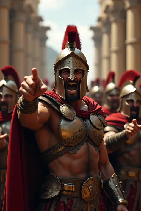 Create a hyperrealistic digital artwork depicting a group of fierce Spartan hoplite generals in ancient Greece. Capture the intensity of the scene with a dynamic cinematographic angle that shows several generals shouting and pointing directly at the viewer...