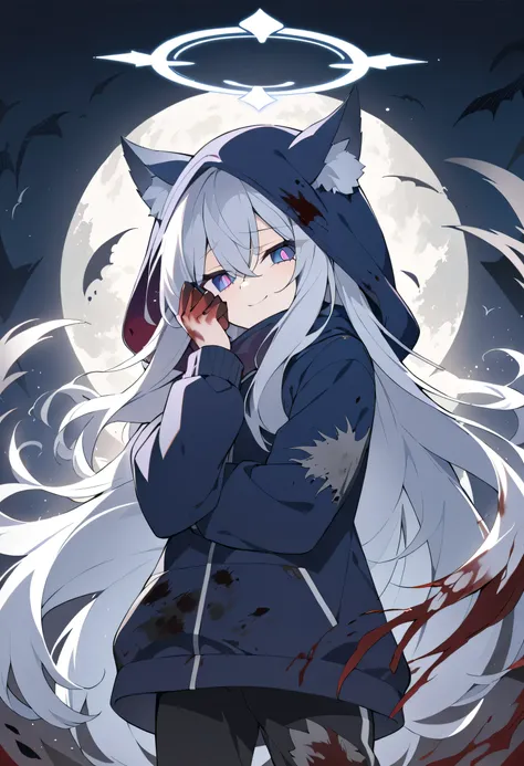 long hair,Silver Hair, girl,Light blue halo, gray wolf ears,alone,night,Purple Pupils,night,dark blue jacket,dirty clothes(stained with blood),black sweatpants(Be covered with dust),hair covers the eyes,wearing hood hood up,An evil smile, heads down,Cover...