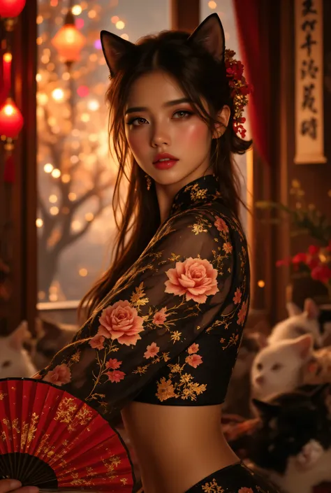 1girl, Cat ears、 face up, attractive, pretty girl, ponytail、 (( fine facial features , eroticism)), dramatic lighting , realistic , 8k, Dramatic Shadows , intricate and elaborate patterns , super detailed photo , chia...