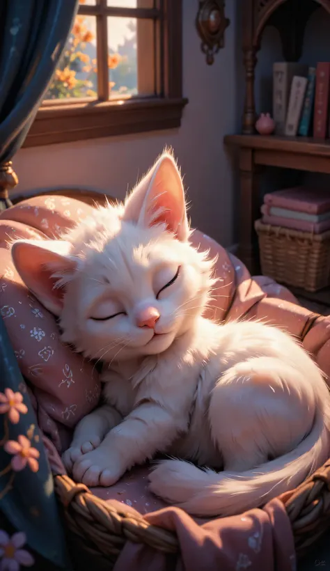 3D character, cute white kitten, sleeps in the pet's house, Inside the room, masterpiece, Background Blur, Shut your eyes.