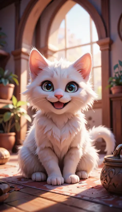 3D character, cute happy white kitten, sitting in the pet's house, Inside the room, masterpiece, Background Blur.