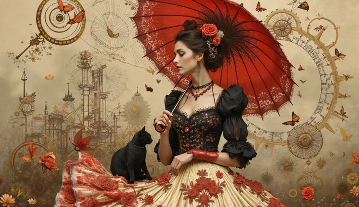 The image depicts a steampunk-inspired scene with an elegant woman with an intricate hairstyle decorated with ornate roses and faux. } She's wearing a vintage-style dress with a tight black blouse and a voluminous cream-colored layered skirt adorned with r...