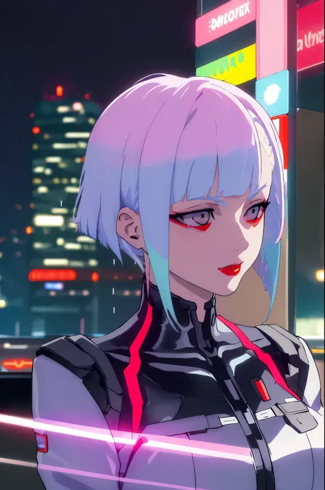 lucy and david martinez \(Cyberpunk\), 1girl and 1 boy in metro, hair scrunchie, hime-cut, Silver hair, colored tips, full moon, With gray eyes, ((olhos detalhados)), Jacket, Long sleeves, view the viewer, Medium hair, Colorful hair, Bangs separated, lips ...