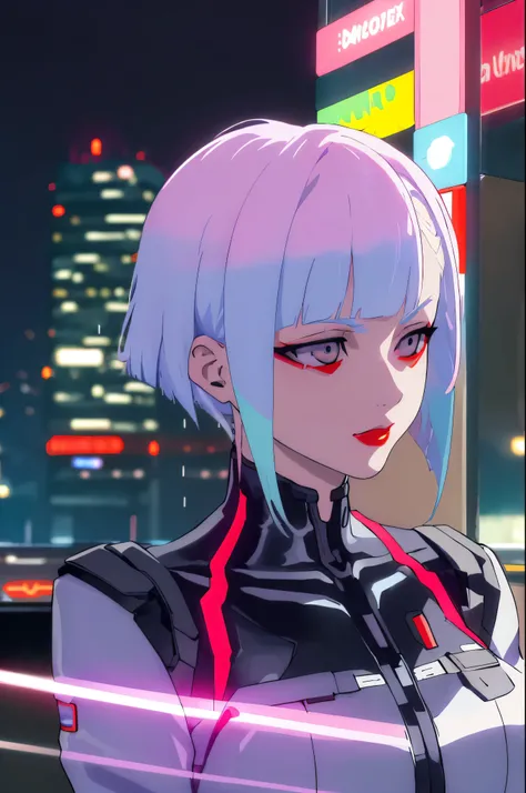 lucy and david martinez \(Cyberpunk\), 1girl and 1 boy in metro, hair scrunchie, hime-cut, Silver hair, colored tips, full moon, With gray eyes, ((olhos detalhados)), Jacket, Long sleeves, view the viewer, Medium hair, Colorful hair, Bangs separated, lips ...