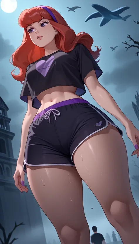 score_9, score_8_below,1 (Daphne Blake), long red hair (black top + blue dolphin shorts ), exposed legs , thick thighs , wet,focus only, Focus ass,retrato de ângulo below, with cannabis theme ,in the cemetery, fog, nightlife ,colorful,2D