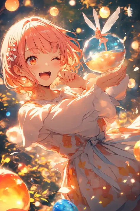 (masterpiece, best quality),solo,sherryg,a girl\(pink orange bob hair,big orange eyes,one eye closed,one ginger to her cheek,open her mouth,big smile),clothes\(white fluffy long one piece dress, [cute orange patterns],soft orange laser boots with white bow...
