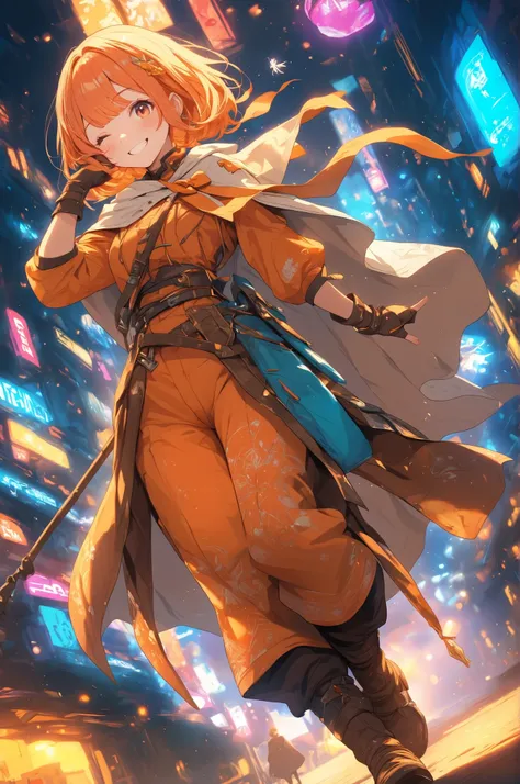 (masterpiece, best quality),solo,sherryg,a girl\(warm orange bob hair,one eye closed,one ginger to her cheek,open her mouth,big smile),clothes\(orange tiny shirt with white patterns,simple cloak,long wide pants,nikkapokka style,dark brown boots with orange...