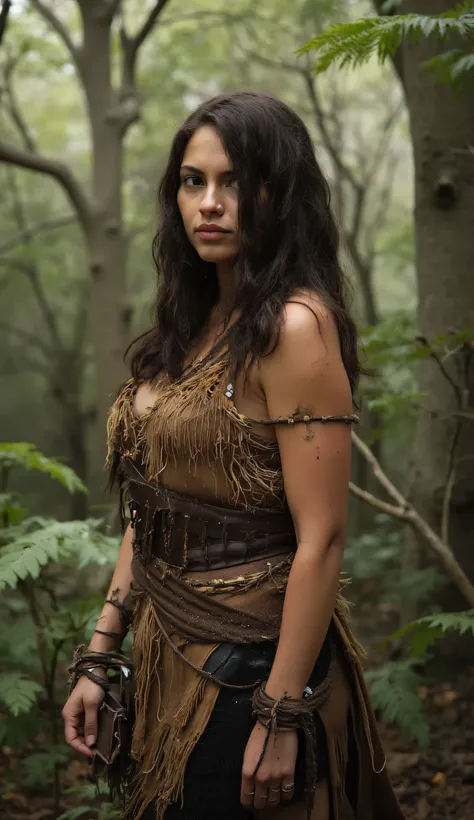 Ultra-real photography of a prehistoric, ancient, untamed, muscular warrior woman, Background: Enchanted forest, Activity: Building a makeshift shelter, Image quality: Photo realistic, Emotional state: Challenging, Energy: High, Size: Large, Structure: Str...