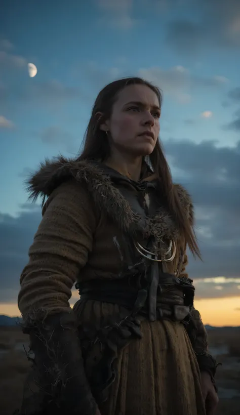 Ultra-real photography of a (Nordic woman), robust, mature, prehistoric, ancient, indomitable, muscular warrior dressed in rustic clothes, Background: Moon in the background, Activity: Hunting shooting stars, Image quality: Realistic photo, Emotional state...