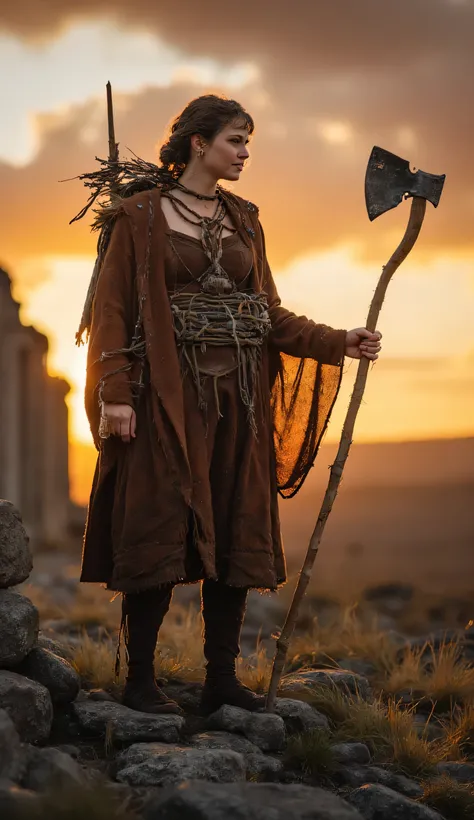 Ultra realistic photography of a ((Nordic woman)), robust, mature, prehistoric warrior, ancient, indomitable, muscular dressed rustically, in her hand she holds an axe made of stick, (ropes and stones), Background: Sunset background, Activity: Exploring an...